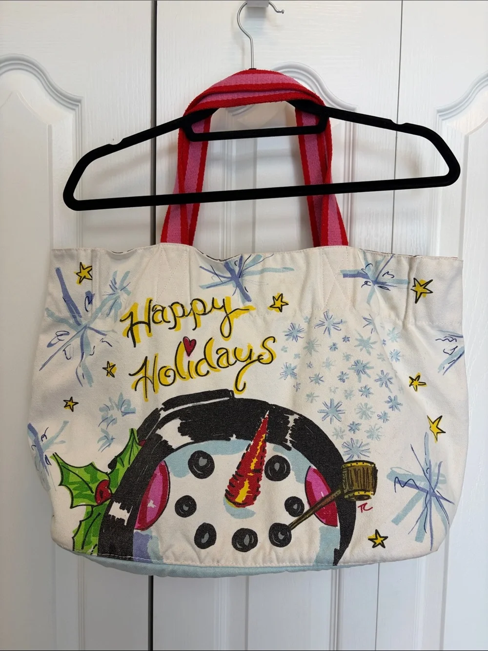 Brighton Happy Holidays Snow Snowman Canvas Tote with Pink Straps